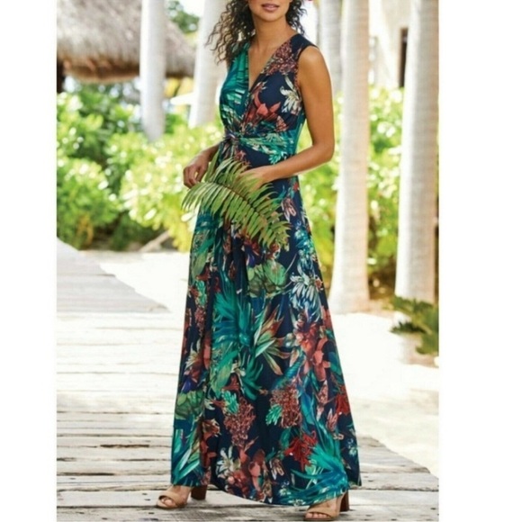 Soft Surroundings Navy Paradise Island Tropical Floral Maxi Dress - Picture 1 of 6